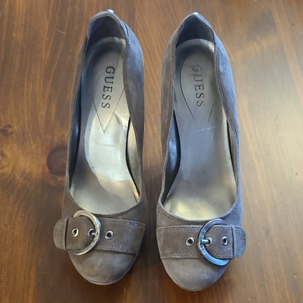 Grey suede Guess platform heels